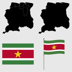 Obraz premium Set of maps, flag and flagpole of Suriname. Vector illustration.