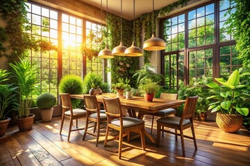 Bright and Inviting Dining Room with Lush Green Foliage and Warm Natural Light Creating a Serene Atmosphere for Relaxed Gatherings and Memorable Meals