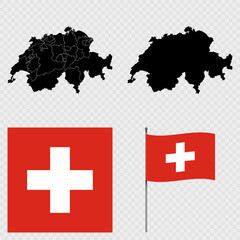 Set of maps, flag and flagpole of Switzerland. Vector illustration.