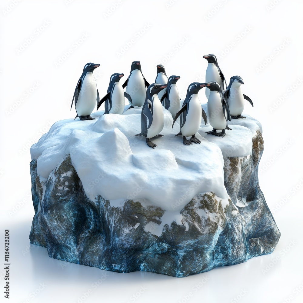 Poster a lifelike 3d rendering of a penguin colony on an ice floe, isolated with a seamless white backgroun