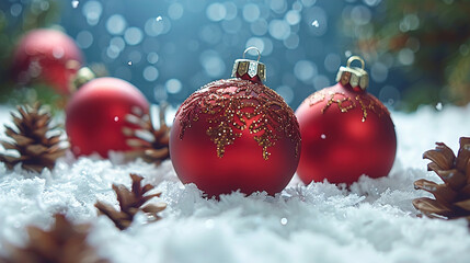 Red Balls Ornaments and Pine Cones on Snowy Outside Soft Blue Bokeh Backdrop 
