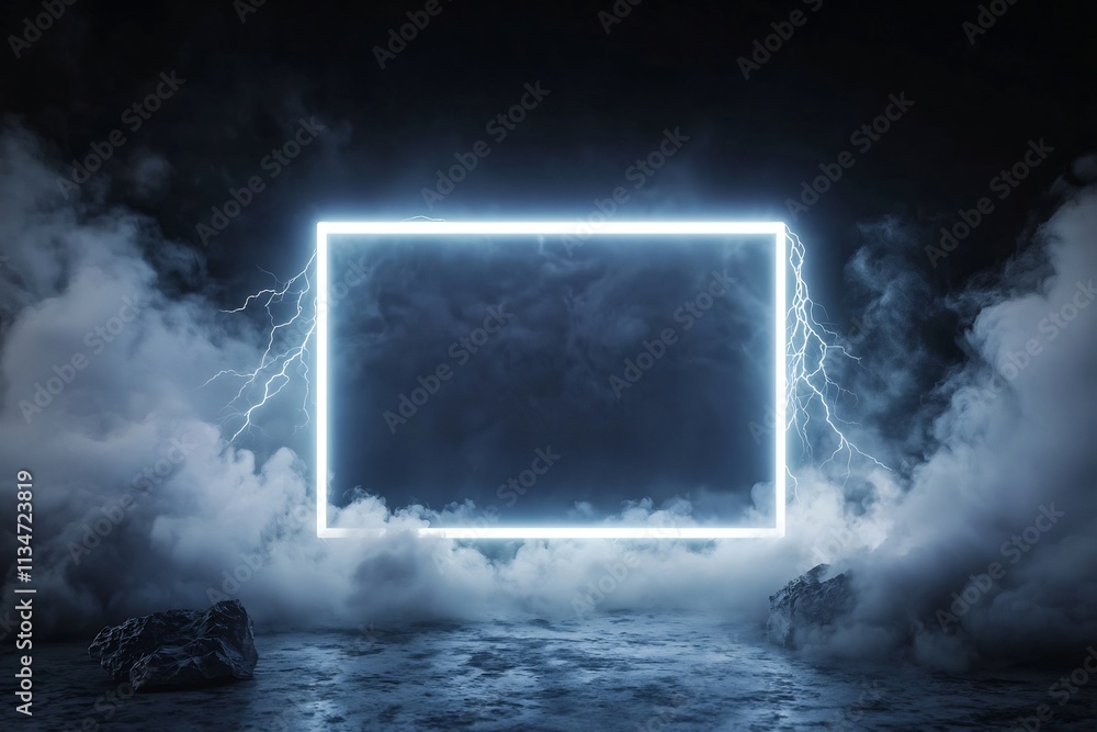 Poster electrified frame with dynamic lightning and bursts of energy in moody atmosphere