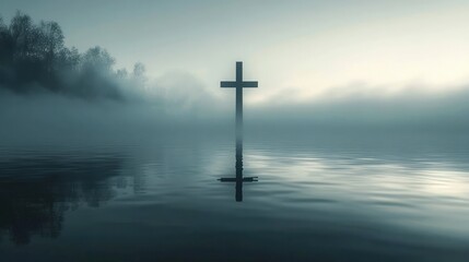 Naklejka premium Serene Cross Emerges from Calm Water in Soft Fog