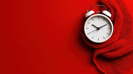 Warmth and Comfort: Vintage White Alarm Clock Wrapped in Red Scarf Against Vibrant Red Background for Winter and Cozy Home Concepts