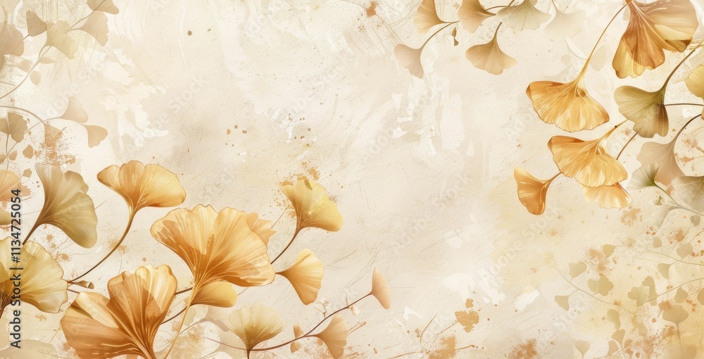 Poster ginkgo leaves on a soft beige background with elegant design elements, creating a tranquil and artis