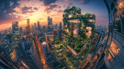 Obraz premium Sunset Cityscape: Vertical Permaculture Architecture