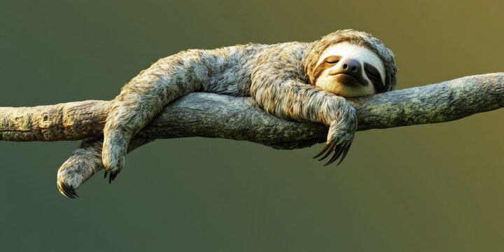 A realistic 3D model of a sloth sleeping on a branch, isolated with a soft green gradient background