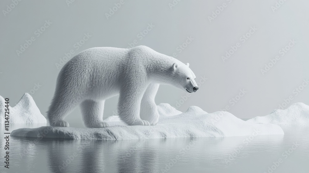 Poster a realistic 3d rendering of a polar bear walking on simulated ice, isolated with a light gray backgr
