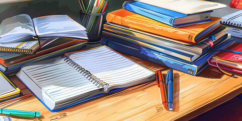 Desk with Notebooks, Books, and Writing Utensils
