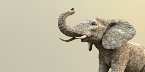 Fototapeta premium A realistic 3D sculpture of an elephant with intricate textures, lifting its trunk, placed in a simulated zoo environment, isolated on a neutral background
