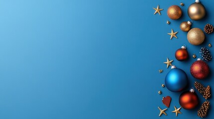 Festive Christmas Ornaments Vertical Arrangement on Blue Background with Red, Blue, and Gold Baubles and Star Decorations