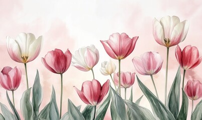 Elegant watercolor tulips in soft pink and white conveying serenity and peace