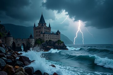The Swallow's Nest castle stands resilient on rocky cliffs during a dramatic storm, with dark clouds, crashing waves, and lightning illuminating its spires in a high-contrast, intense scene