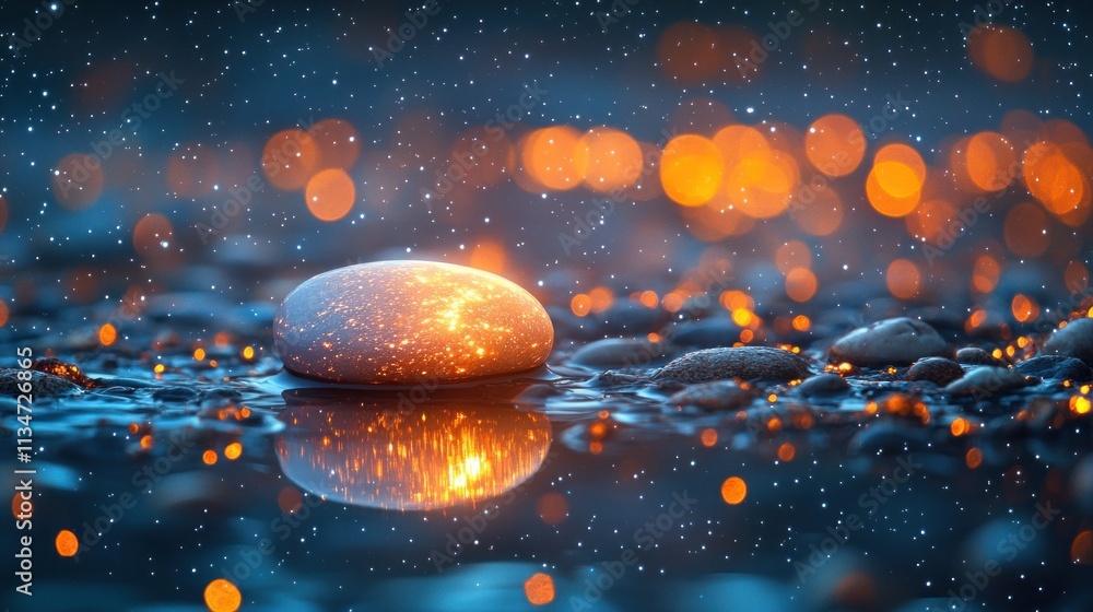 Poster a glowing stone on a wet surface, surrounded by soft bokeh lights in a serene atmosphere.