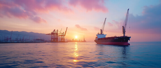 Fototapeta premium Sunset over a harbor with cranes and a cargo ship.
