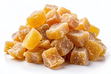 Candid Photography of a Heap of Sweet Candied Ginger Isolated on White Background, Capturing the Texture and Shine of the Sugary Coating for Culinary and Food Enthusiasts