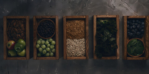 Healthy food clean eating selection: fruit, vegetable, seeds, superfood, cereal, leaf vegetable on gray concrete background