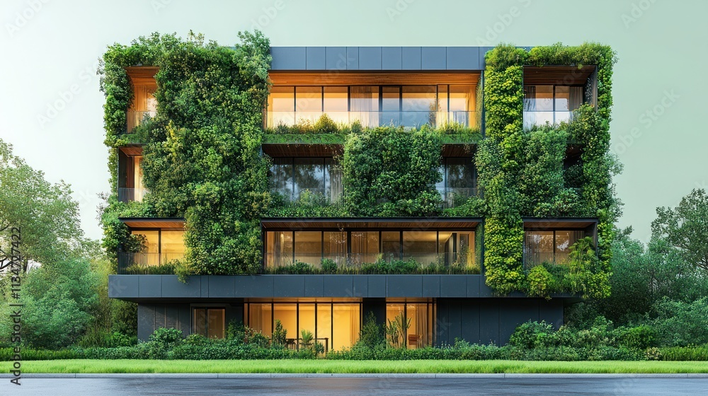 Poster modern building covered in greenery, blending architecture with nature.