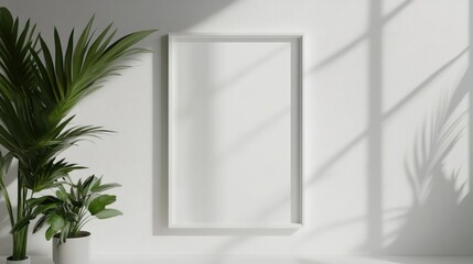 White rectangular vertical frame hanging on a white wall mockup