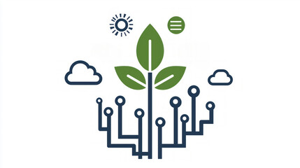 logo embodies harmonious blend of eco friendliness and technology showcasing green leaf alongside tech icons representing commitment sustainable IT solutions.
