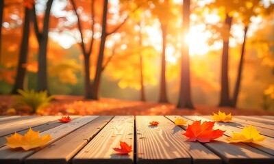 A wooden deck or platform in the foreground, with vibrant orange and yellow autumn leaves scattered around. In the background, a blurred forest scene with trees and sunlight filtering through.
