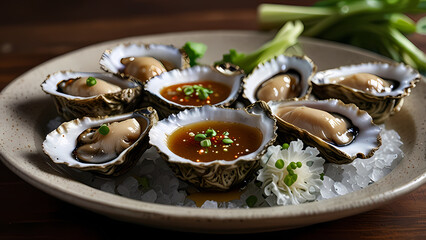 close-up image of a plate of fresh oysters served with soy and sesame dressing