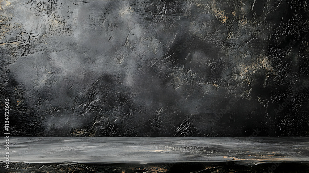 Poster dark textured wall with empty gray shelf.