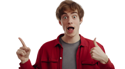 Portrait of man showing thumb up, raised finger, pointing