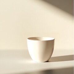 Minimalist image of an empty, off-white bowl on a beige surface, illuminated by soft sunlight.
