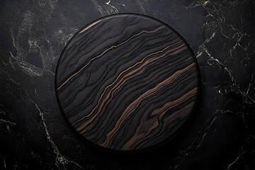 Dark wood round cutting board on black marble.