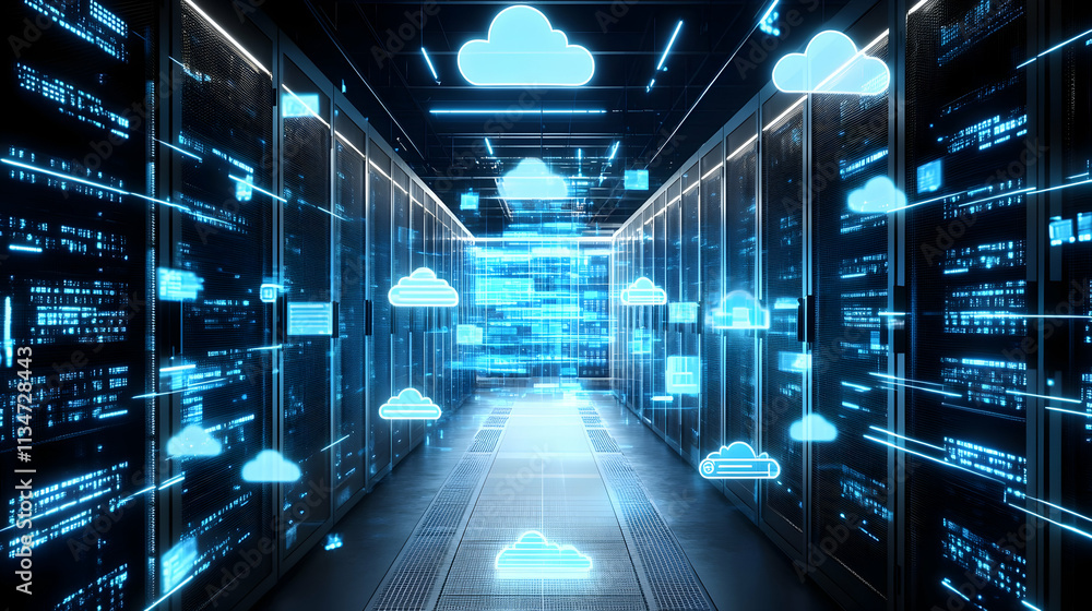 Poster data center server room with digital cloud icons and code.