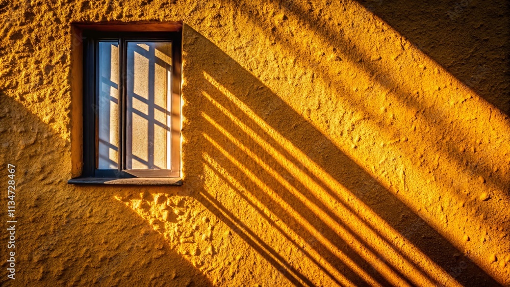 Poster candid photography of a window drop creating diagonal shadow overlay on a textured wall, capturing l