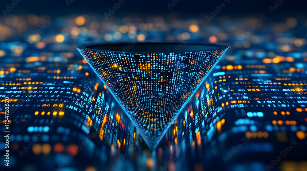 Poster data funnel visualization; digital code flows into a dark cone above a glowing city.