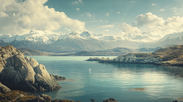 Vintage travel print of the Strait of Magellan, highlighting rugged coastlines and serene waters for a historical vibe.