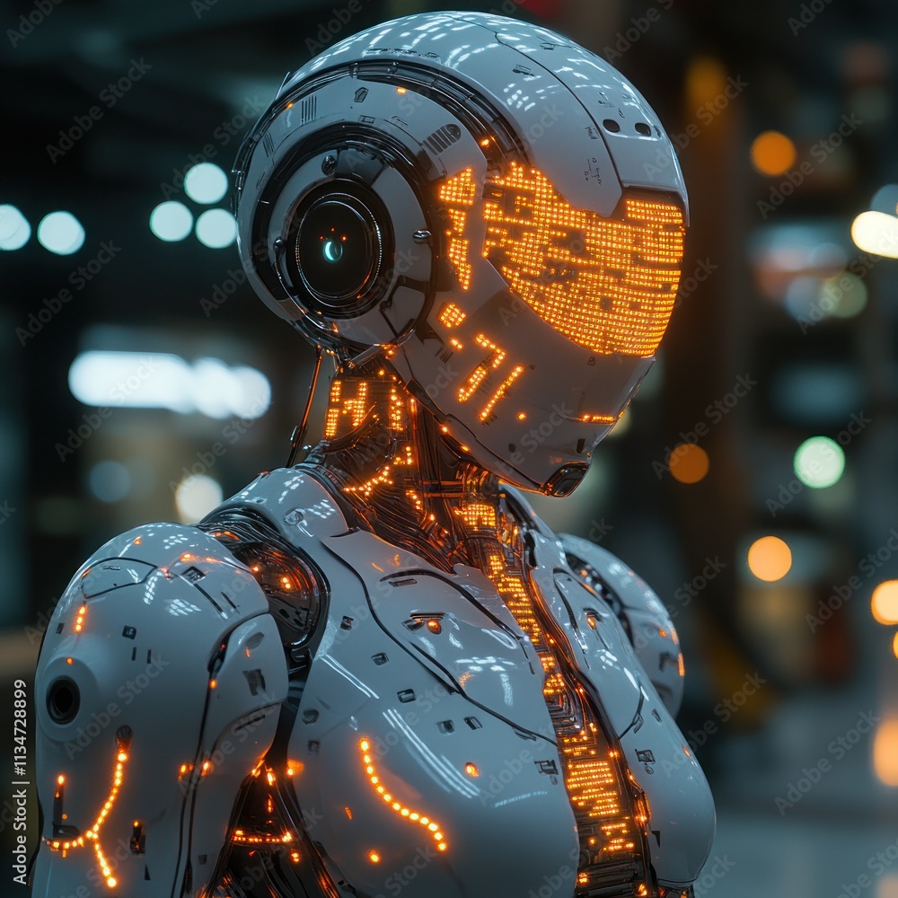 Poster a futuristic humanoid robot with glowing circuitry in a high-tech environment.