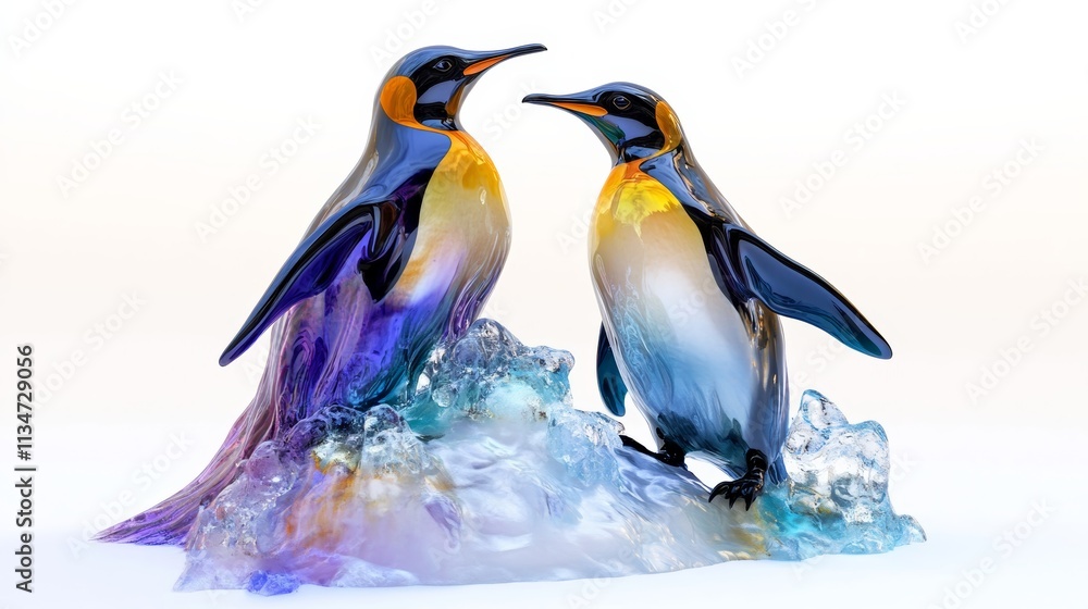 Poster a vibrant 3d rendering of a pair of penguins standing on simulated ice, isolated with a clean white 