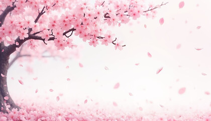 Fototapeta premium Blossoming cherry tree with falling petals on a soft background