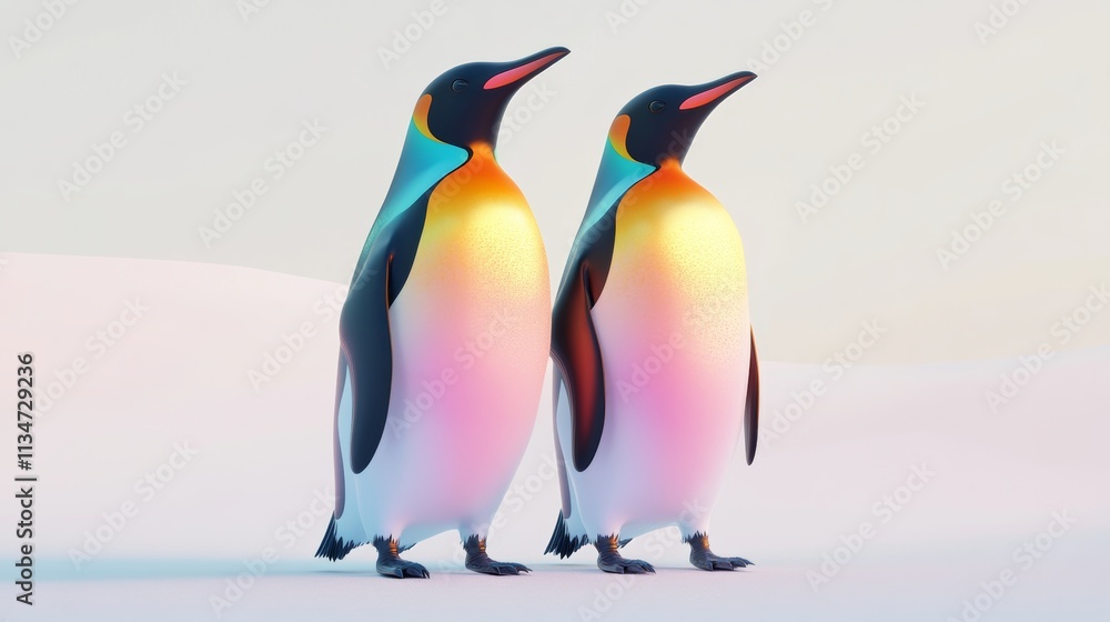 Poster a vibrant 3d rendering of a pair of penguins standing on simulated ice, isolated with a clean white 