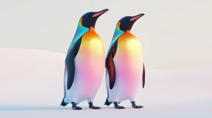 A vibrant 3D rendering of a pair of penguins standing on simulated ice, isolated with a clean white backdrop
