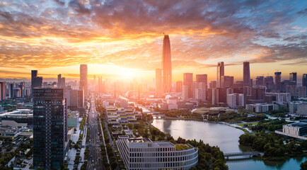 Obraz premium Aerial view of modern city commercial buildings skyline at sunrise in Ningbo, China
