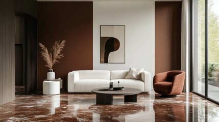 White sofa and armchair in a contemporary living room with a brown marble floor, brown and white walls, with a vertical poster and a round coffee table nearby. a mockup.