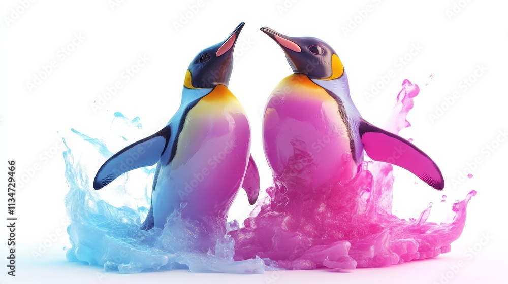 Aufkleber a vibrant 3d rendering of a pair of penguins standing on simulated ice, isolated with a clean white 