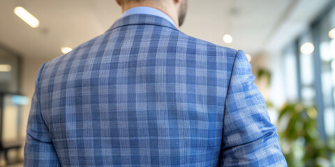 Fototapeta premium Back view of a man in a blue checkered suit in a modern setting.