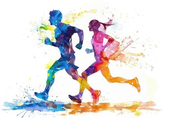 Pixel Perfect Image of Man and Woman Running in Watercolor Art