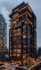 This contemporary highrise apartment building features sleek design and illuminated windows, captured at dusk in an urban setting, showcasing its modern and elegant architecture