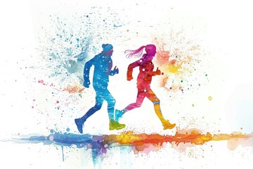 High Quality Visual of Man and Woman Running in Watercolor Art