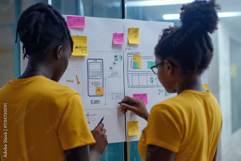 Aufkleber Two young individuals are actively engaged in a session of brainstorming and planning their longterm goals on a wall that is completely covered with various sketches and colorful sticky notes