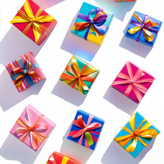 Colorful Presents: Geometric Ribbons, Overhead View, White Background