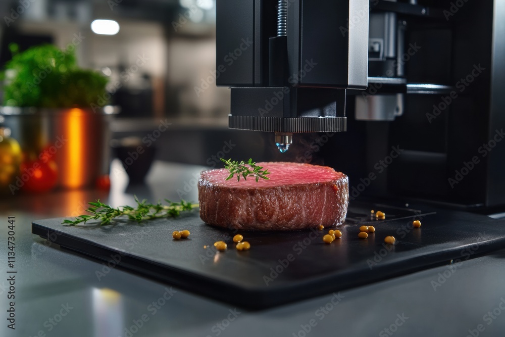 Poster advanced technology is showcased as a 3d food printer creates a nutritious plant-based steak, demons