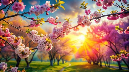 Candid Photography of Vibrant Spring Background with Blooming Trees and Blossoms, Capturing the Essence of Nature's Renewal and Floral Abundance in a Serene Atmosphere